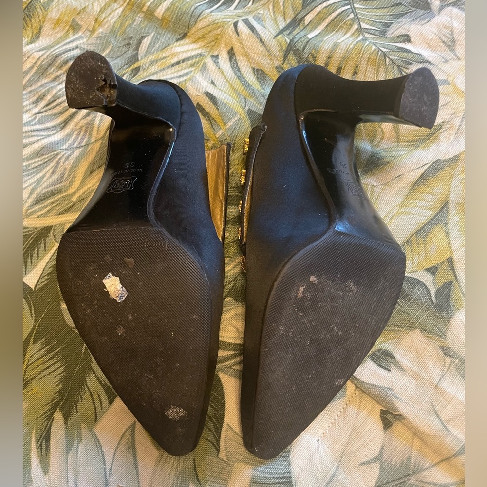 Versace Black Satin Pointed-Toe Slip-On Mules with Gold Medusa Accents - Picture 5 of 6